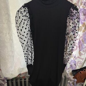 Black Polka Dot Mesh Sleeve Knit Dress